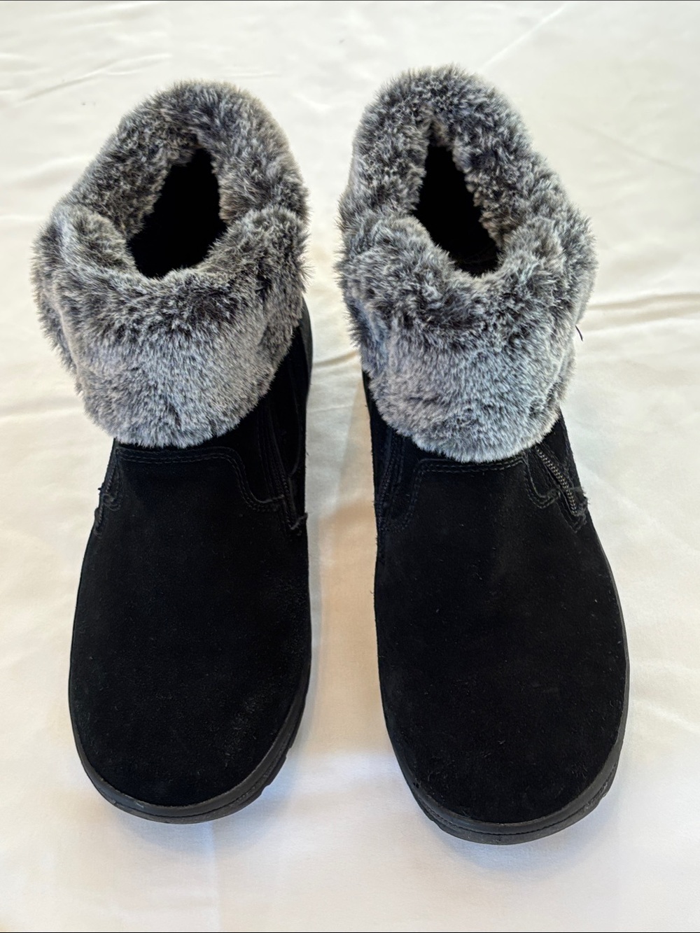 Khombu Black Suede Slip-On Boots with Gray Faux Fur Cuff
